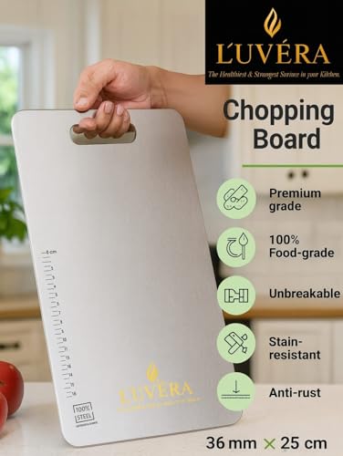 Image of L'UVERA Premium Stainless Steel Cutting Board for HYGIENIC, Odour-Free & Durable Kitchen USE | Large Chopping Board for Vegetables, Fruits, Meat & Multipurpose Food.(Size 36CM x25 CM)