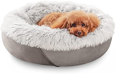 JOEJOY Calming Dog Bed & Cat Bed, Anti-Anxiety Donut Dog Bed for Small Dogs, Warming Soft Plush Fluffy Faux Fur Round Pet Puppy Cuddler Bed, Machine Washable and Anti-Slip Bottom, Grey