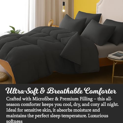 Image of Bed Comforter - Double Size - Dark Grey 300 GSM Quilt Blanket Rajai - Winter Warm Down Alternative Duvet Insert with Corner Ties