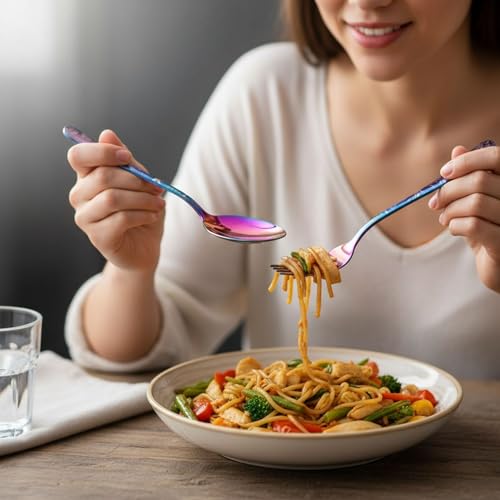 Image of 15 Pcs Rainbow Floaral Stainless Steel Cutlery Set for Dining Table with Spoons and Forks Set + Butterknives - The Perfect Tableware /Flatware