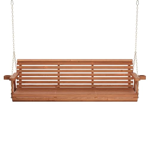 Image of Amish Casual Heavy Duty 700 Lb Capacity Porch Swing with Cupholders (6 Foot, Cedar Stain) - Wooden Outdoor Roll Back Swing with Hanging Chains - Amish Made in the USA
