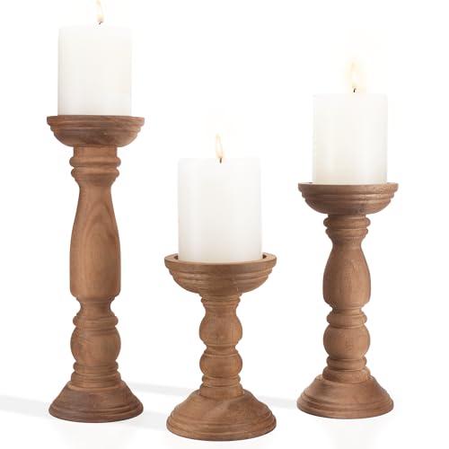Farmhouse Wooden Candle Holders for Pillar Candles Set of 3, Rustic Wood Candle Holder Table Centerpiece Decor, 12'' 9'' 6'' Vintage Tall Candle Stand Decorative, Brown