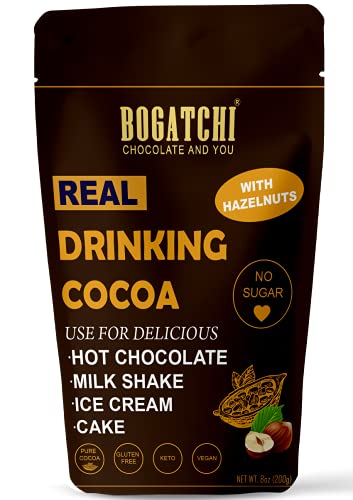 Image of BOGATCHI Real Drinking Cocoa with Hazelnuts |NO Sugar Drinking Chocolate | Tasty - Gluten Free - Vegan | Dark NO Sugar Drinking Chocolate | Cocoa Powder| 200g