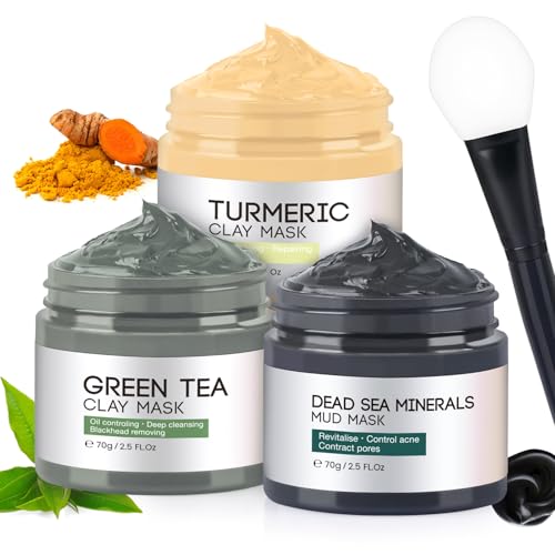IIIMEIDU Mascarilla Facial, Mascarillas Faciales de Cúrcuma- Mascarilla Arcilla Té Verde- Mascarilla de barro del Mar Muerto, Limpieza facial profunda, purificante, desintoxicante