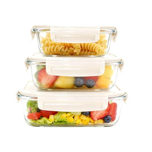 JXN-Yun 耐熱ガラス 保存容器 3個セット（370ml＋640ml＋1040ml）｜密閉 4点ロック・汁漏れ防止｜電子レンジ・冷凍・オーブン対応（本体） 食洗機OK 作り置きセット ガラス弁当箱 スタッキング収納の商品画像（Amazon）