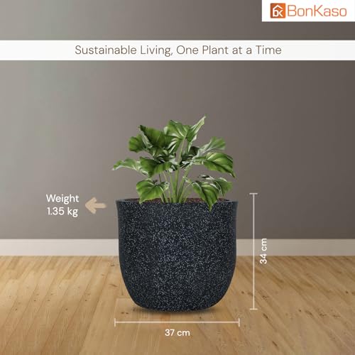 Image of BonKaso 14 inch Dark Grey Pot - Tall, Durable & Lightweight Polymer Jaguar Round Planter for Indoor & Outdoor Use: Home, Office, Garden & Balcony (Gamla /Gamale)