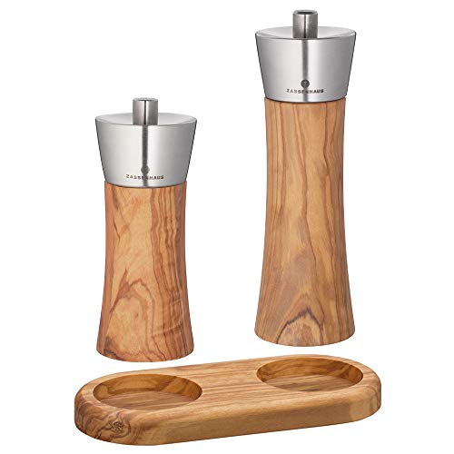 Zassenhaus Set Pfeffermühle 18 cm & Salzmühle 14 cm Augsburg & Mühlenuntersetzer Olivenholz Cover