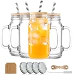 24 oz Mason Jar Cups avec poignées, large bouche grande tasse de café glacé avec des Lids de bambou & Paille, Tasses en verre Pots à boire Tumbler pour smoothie de jus d'eau froide party Boissons, Ensemble de 4
