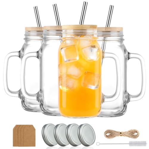 LOSANJI 24 oz Mason Jar Cups with Handles, Wide...