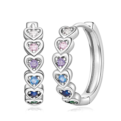Heart Rainbow Hoop Earrings For Women Girls Silver Multicolor Cubic Zirconia Huggie Hoop Earrings With 925 Sterling Silver Post | 20Mm #TOP19