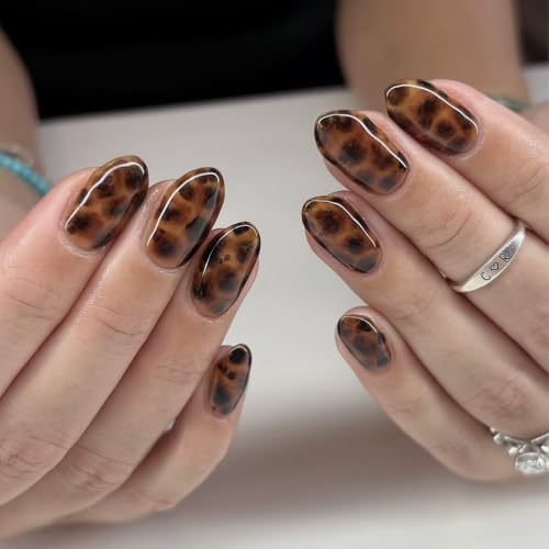 Tortoiseshell Press on Nails Short Oval Fake Nails Amber Brown False Nail
