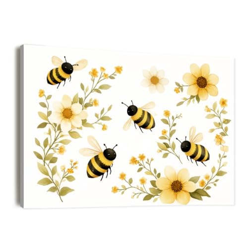 Canvas Wall Art Prints Picture Cute Bumblebees Yellow Flowers Soft