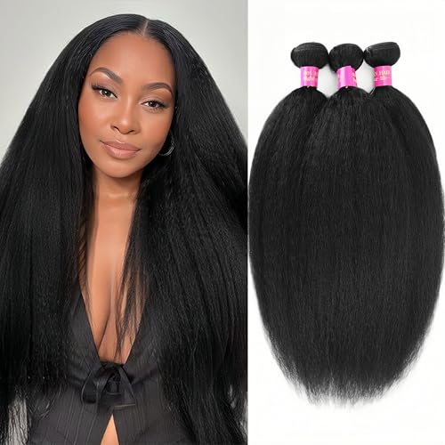 20 20 20 Inch Kinky Straight Bundles Human Hair Yaki Straight Human Hair 3 Bundles 12A 100% Unprocessed Brazilian Virgin Remy Hair Kinkystraight Bundles For Women Natural Black Color