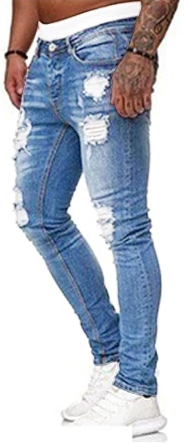 Men's Slim Fit Jeans Stretch Destroyed Ripped Skinny Jeans Denim Pants2