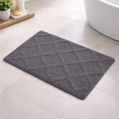 Image of Premium Combed Cotton Tufted Bathmat 45 x 65 cm, 1800 GSM Soft Absorbent Anti Skid Bathroom Floor Mat with Latex Backing, Quick Dry Non Slip Bath Rug for Shower & Daily Use, Diamond Grey
