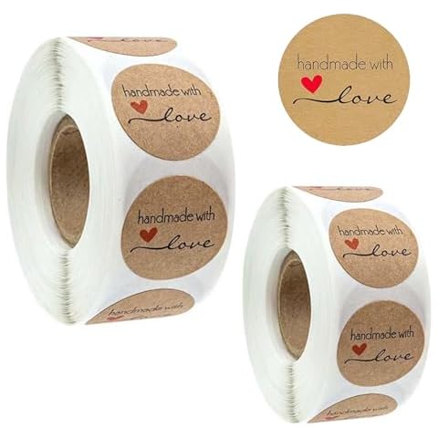1000 Pcs Handmade with Love Stickers Canning Labels 1.5" 1" Round Self-Adhesive Tags for Jar Containers Packaging Cookie Bags Small Business Handcraft Gift Cover