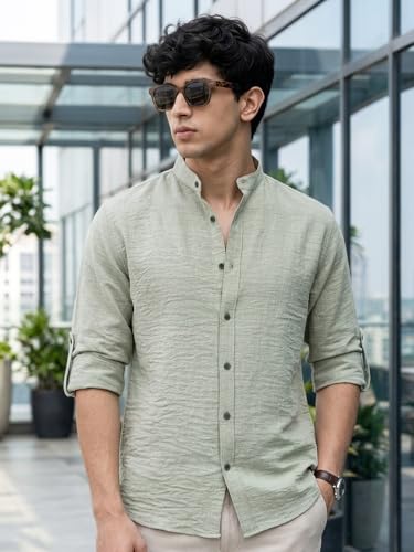 Image of Urbano Fashion Men's Linen Blend Full Sleeve Relaxed Fit Mandarin Collar Casual Solid Shirt