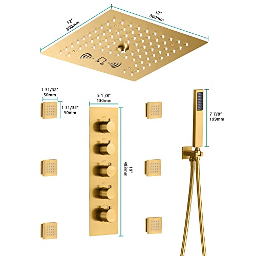 Cascada Luxury 12” Music LED shower system with built-in Bluetooth Speakers, 4 funciones (Cascada, Niebla, Jets de cuerpo y Duchador de mano) y Control Remoto 64 luces LED (Negro Mate) miniatura 4