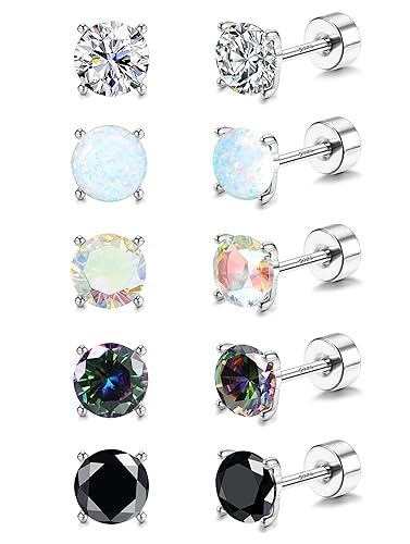 MILACOLATO 5 Pairs 925 Sterling Silver Stud Earrings for Women 20G Flat Back Earrings Helix Cartilage Earrings Cubic Zirconia Opal Earrings Comfort Back Sleep Post Earrings Hypoallergenic