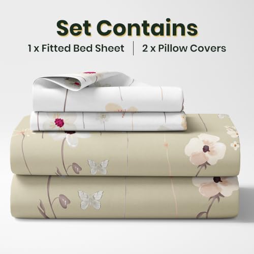 Image of Loreto 100% Cotton Elastic Fitted Bedsheet Double Bed with 2 Pillow Covers