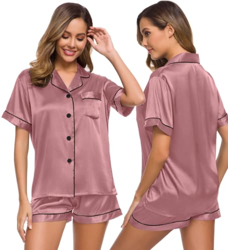 Image of SWOMOG Womens Silk Satin Pajamas Set Short Sleeve Sleepwear Button Down Top and Shorts Loungewear 2 Piece Pjs Set XS-3XL