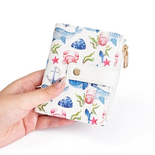 Image of GOIACII Small Wallet for Women Leather Bifold Zipper Coin Pocket RFID Blocking Cute Credit Card Holder Whale Print