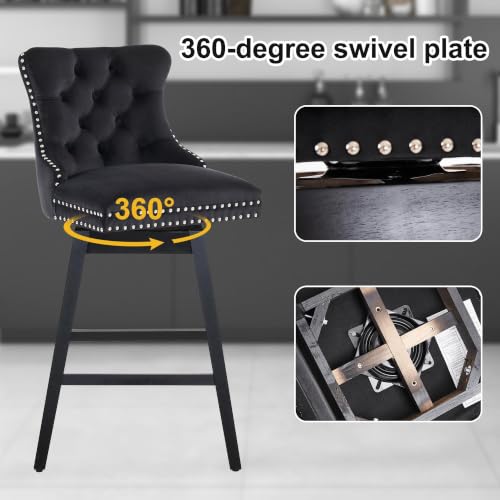 Image of Black Swivel Bar Stools, Velvet Counter Height Bar Stools Set of 2