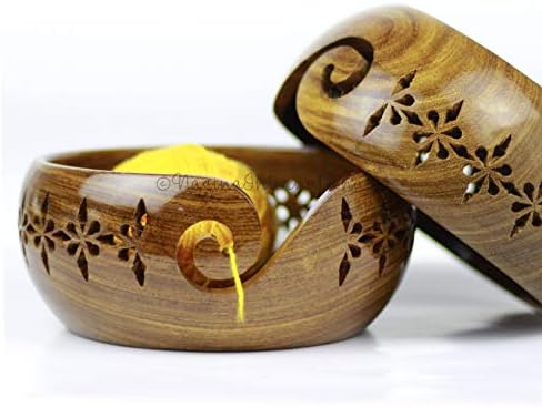Rosewood Crafted Wooden Yarn Storage Bowl with Carved Holes & Drills | Knitting Crochet Accessories | Nagina International (Small)