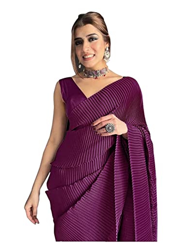 Image of StyleScope Women's Full Crushed Pleated Satin Saree With Unstitched Blouse Piece (Pleatedd)