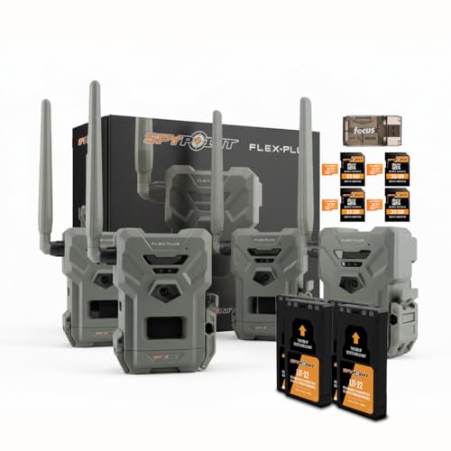 SPYPOINT Flex-Plus 36MP 1080p Cellular Trail Camera (4-Pack) Bundle with 32GB MicroSD and Card Reader (9-Items)