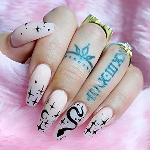 RUNRAYAY 24Pcs Nude Press on Nails Long Cercueil, Snake Moon & Star Faux Ongles avec Design, Faux Ongles en Acrylique pour Femmes et Filles