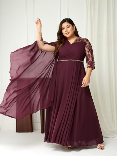 Image of Miss Chase A+ Women's Floral Printed Relaxed Fit V -Neck 3 /4Th Sleeve Georgette Maxi Dress