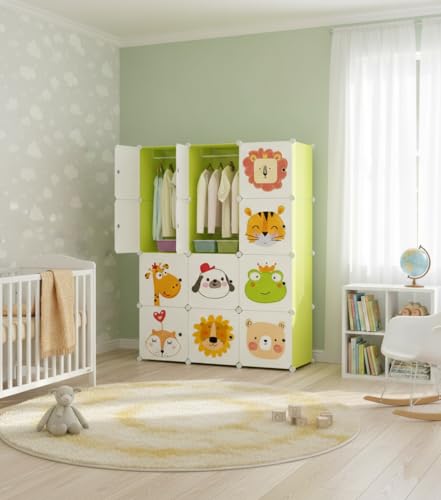 Image of KRISHYAM Kids Modular Storage Cabinet with Cartoon Animal Doors,12 Cube Plastic Wardrobe Organizer, DIY Closet System with Hanging Rod, Toy & Clothes Storage (Green, 12 Box)