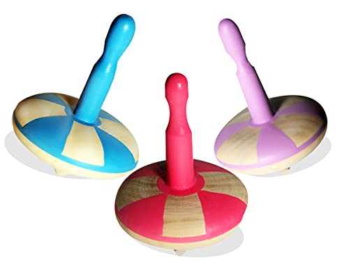 Image of VParents Wooden Spin Tops Non Toxic Organic for Kids (3 Years+) - Curiosity & Fine Motor Skills (3 Pieces) (Pink Blue Purple)