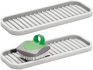 mDesign Set of 2 Kitchen Sink Caddy  Soap and Dish Sponge Holder for beside the Kitchen Sink  Quick Drying Soap Dish with Ribbed Base  Light Grey