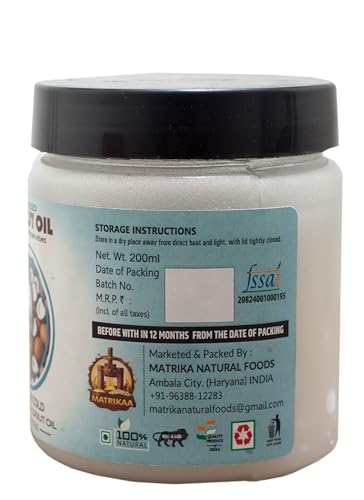 Image of SARV MATRIKAA 100% Pure Wood-Pressed Coconut Oil - 200ml | Cold Pressed & Natural - No Preservatives - For Hair, Skin & Cooking - Virgin Grade