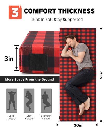 Image of GAIALOOP 3 Inch Memory Foam Camping Mattress, Dual Layer Thick Sleeping Camp Pad for Car Tent Cot, Roll-Up Portable Glamping Floor Bed for Guests Sleepover