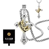LUSSO 925 Sterling Silver Crown Cross Necklace For Men - Retro Crucifix Of Thorns Pendant, Jesus Christ Cross Chain With Diadem, Faith Cross Jewelry, Vintage Cross Necklace For Women