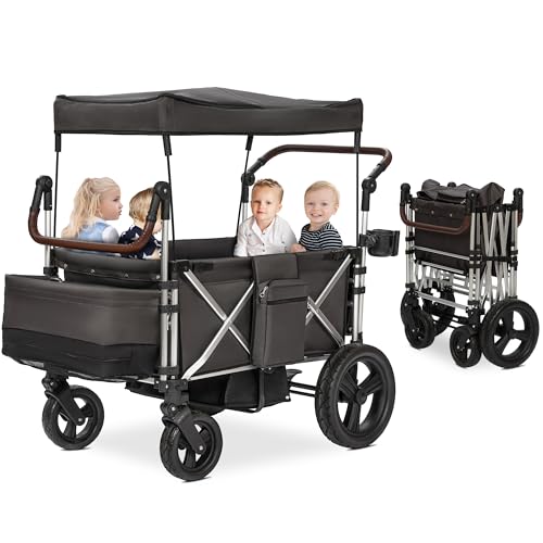 Image of Real Relax 4 Seater Wagon Stroller for Kids, Foldable Kids Wagon with 5-Point Safety Harness, All-Terrain Stroller Wagons with Removable UV-Protection Canopy, Adjustable Handlebar
