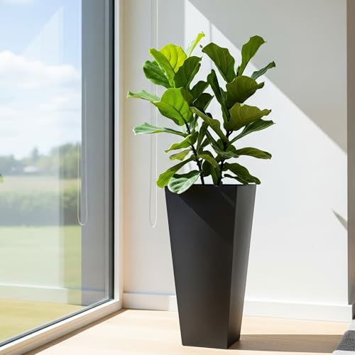 WORTH Garden Large 28 in.Tall Planters Set of 2 for Indoor and Outdoor, Heavy Duty Plastic Black Modern Taper Flower Plant Pots with Drainage Hole and Dual-Purpose Tray for Front Porch, Patio by Worth - Used condition - Image 8