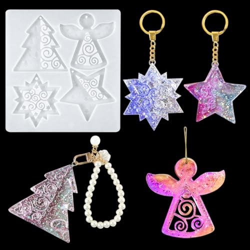Zayookey Christmas Pendant Resin Moulds with Hole Angels Snowflakes Xmas Ornament Silicone Mould Christmas Tree Star Jewelry Epoxy Casting Mould for DIY Keyring Necklaces