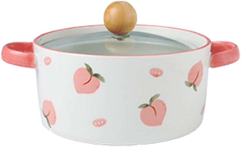Dxcaicc Lasagne Dish Ceramics Round Creative Fresh Fruit Pattern Double-Handled with Lid Soup Pot on Birthday Wedding Parties Christmas New Year's Day,Pink