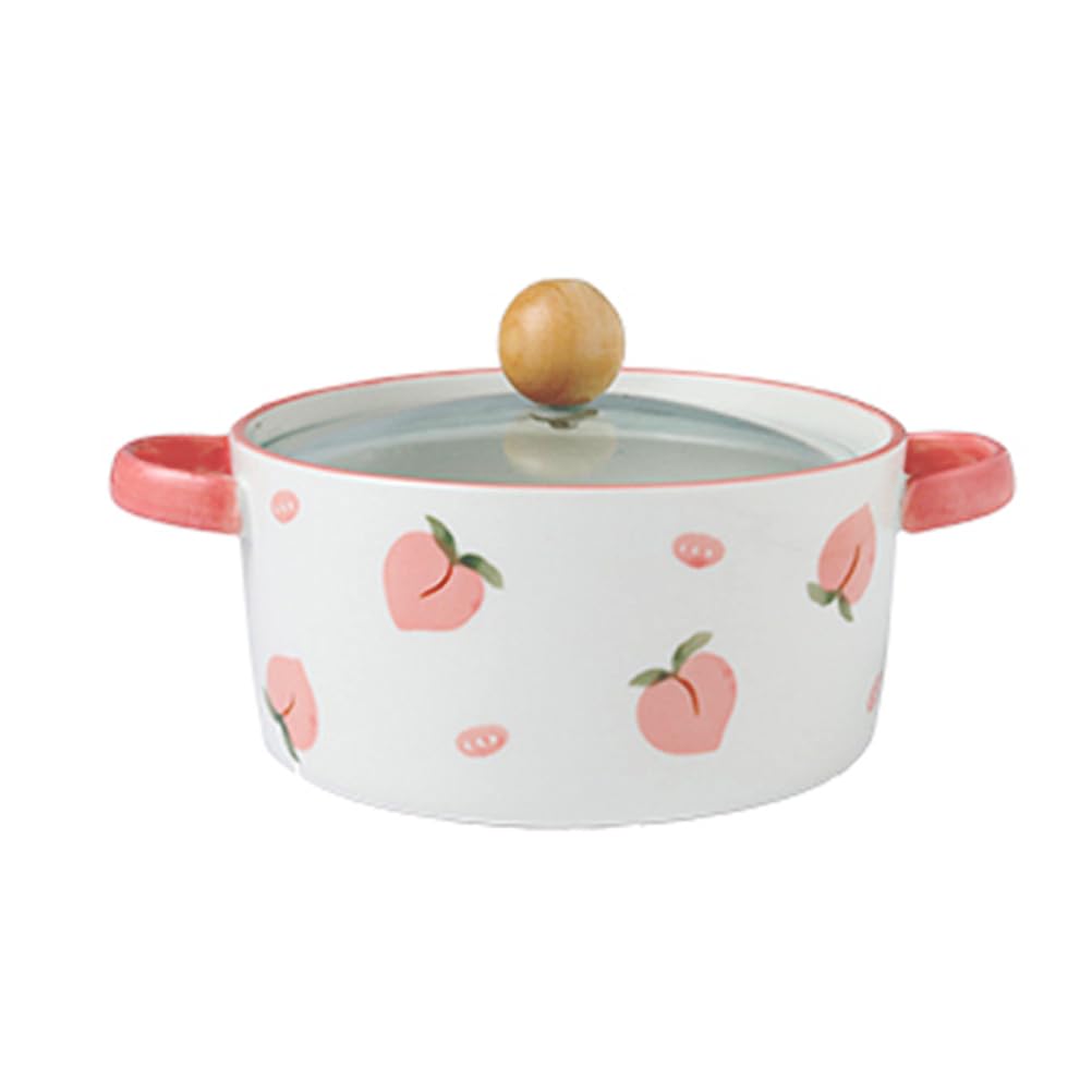 Dxcaicc Lasagne Dish Ceramics Round Creative Fresh Fruit Pattern Double-Handled with Lid Soup Pot on Birthday Wedding Parties Christmas New Year's Day,Pink