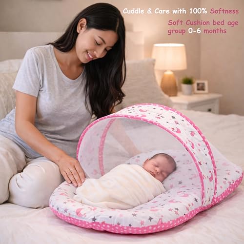 Image of Fareto Combo of Baby Bed with Net | Carry Bag | 4 Pcs Bedding Set (0-6 Months, Baby Size, Cotton) (Pink Moon)