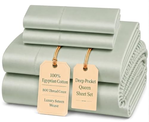 Image of Deep Pocket Queen Sheets Set, 4 Piece Sheets Queen Size Bed Set - Mineral | 800TC Egyptian Cotton, Sateen Weave Luxury Bedding with Fully elasticized Fitted Sheet & Pillowcase Sets, Sage Green Sheet
