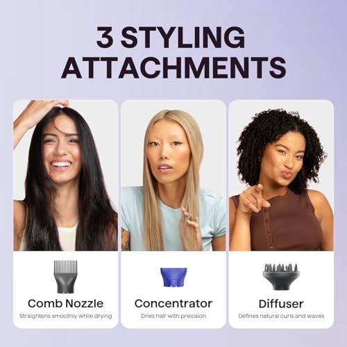 Image of Wavytalk Hair Dryer with Diffuser, Blown Away Ionic Hair Dryer for Curly Hair, 1875W Fast Drying Blow Dryer with Ceramic Technology, 3 Attachments for All Hair Types, Light and Quiet, Sapphire Blue