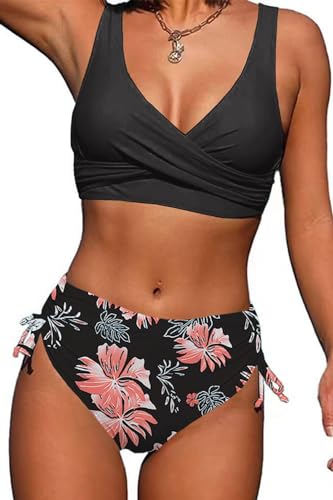 Yutdeng Bikinis Mujer Braga Alta Bikini Push Up Clásico Bañadores Mujer Natacion Trajes de Baño Dos Piezas Correas Laterales Relleno Desmontables Biquini Mujer Ropa Playa, Rosa/Flor, M