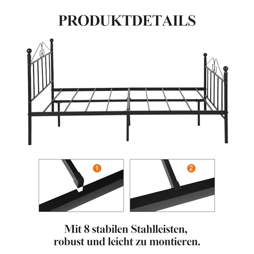 Double Bed Doppelbett Metallbett Bettrahmen Bettgestell für 140x190CM Matratze, Metall Bodenbett Schlafzimmer Bett mit Kopfteil Geeignet für Gästebett Jugendbett Seniorenbetten/Schwarz/Stil A – Bild 6