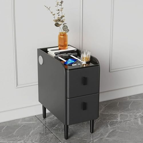 HJYBFA Mesita de Noche Moderna con 3 cajones, estación de Carga, LED Inteligente, Puertos USB, Mesa Auxiliar Multifuncional para Dormitorio, Armario pequeño y Delgado (Blanco, 25 cm)