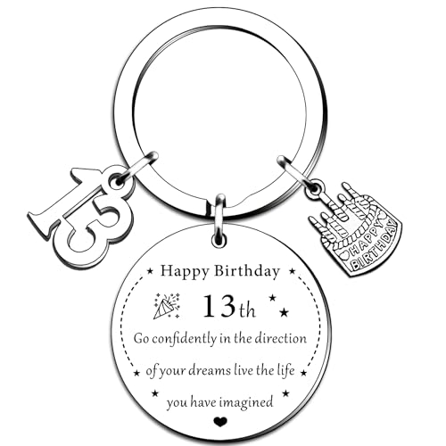 SMARGO Presentes de aniversário de 13 anos para meninas e meninos, porta-chaves de aniversário para filha, filho, irmã, sobrinha, ideia de presente de feliz aniversário de 13 anos, prata, tamanho